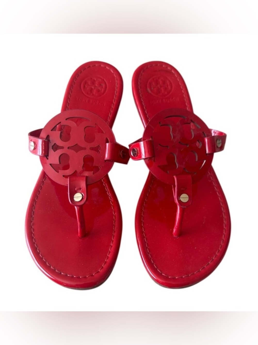 Tory Burch Miller Sandals Red Patent Leather 10 Logo
